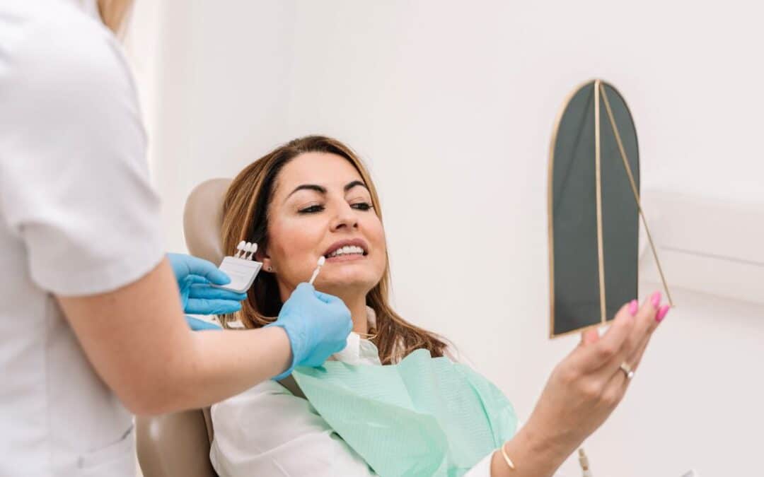 Dentist evaluating veneers as a cosmetic solution for crooked teeth